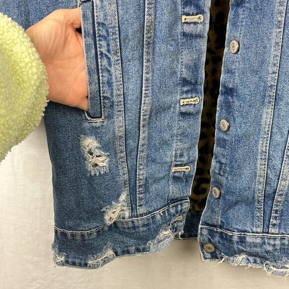 Zara TRF Denim Wear Distressed Long Jacket Womens Small S Slouchy Punk Faux Fur‎ - Picture 5 of 16